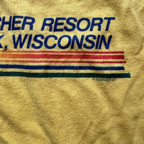 VTG Yellow T-Shirt Kingfisher Resort Chetek Wisconsin 80s Size Large - Picture 4 of 4